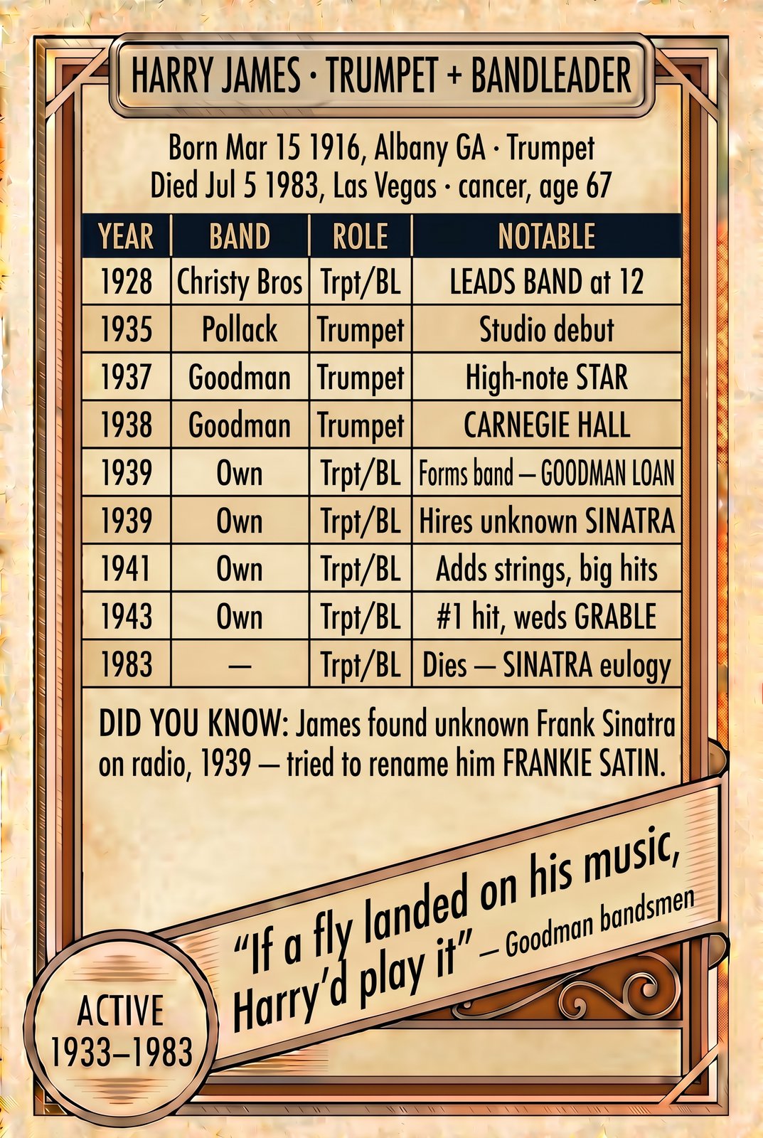 Harry James back of card